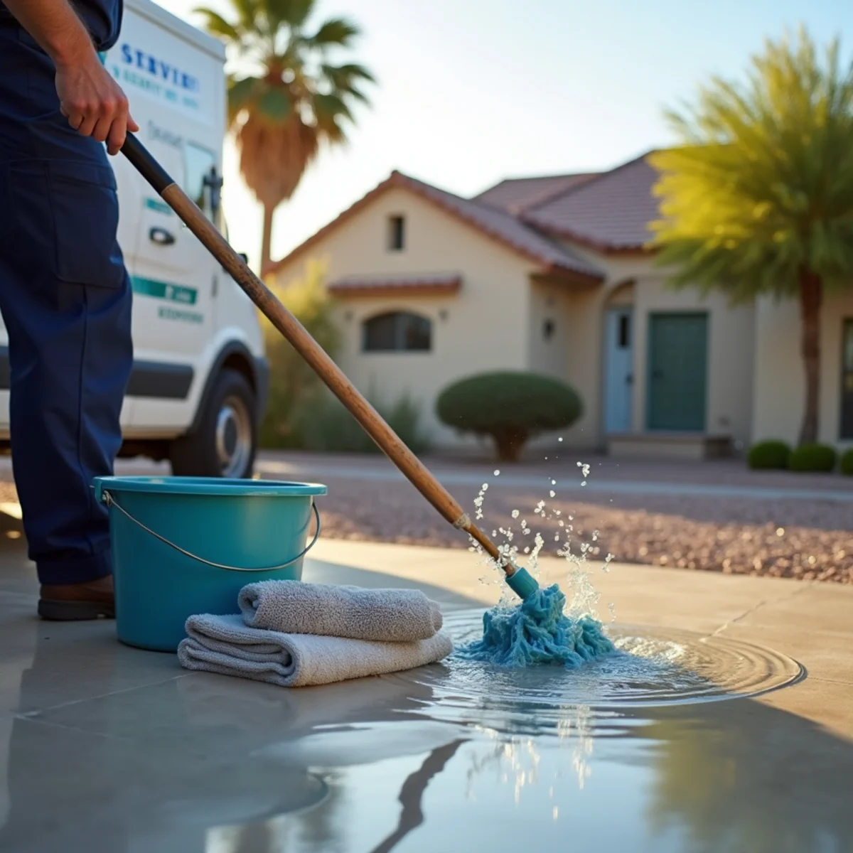 Using towels and buckets to contain water from a burst pipe