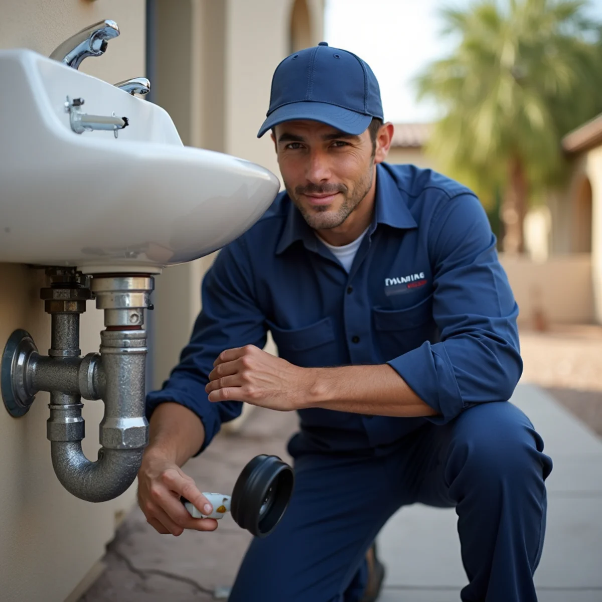 Plumber checking under a bathroom sink for leaks during annual maintenance