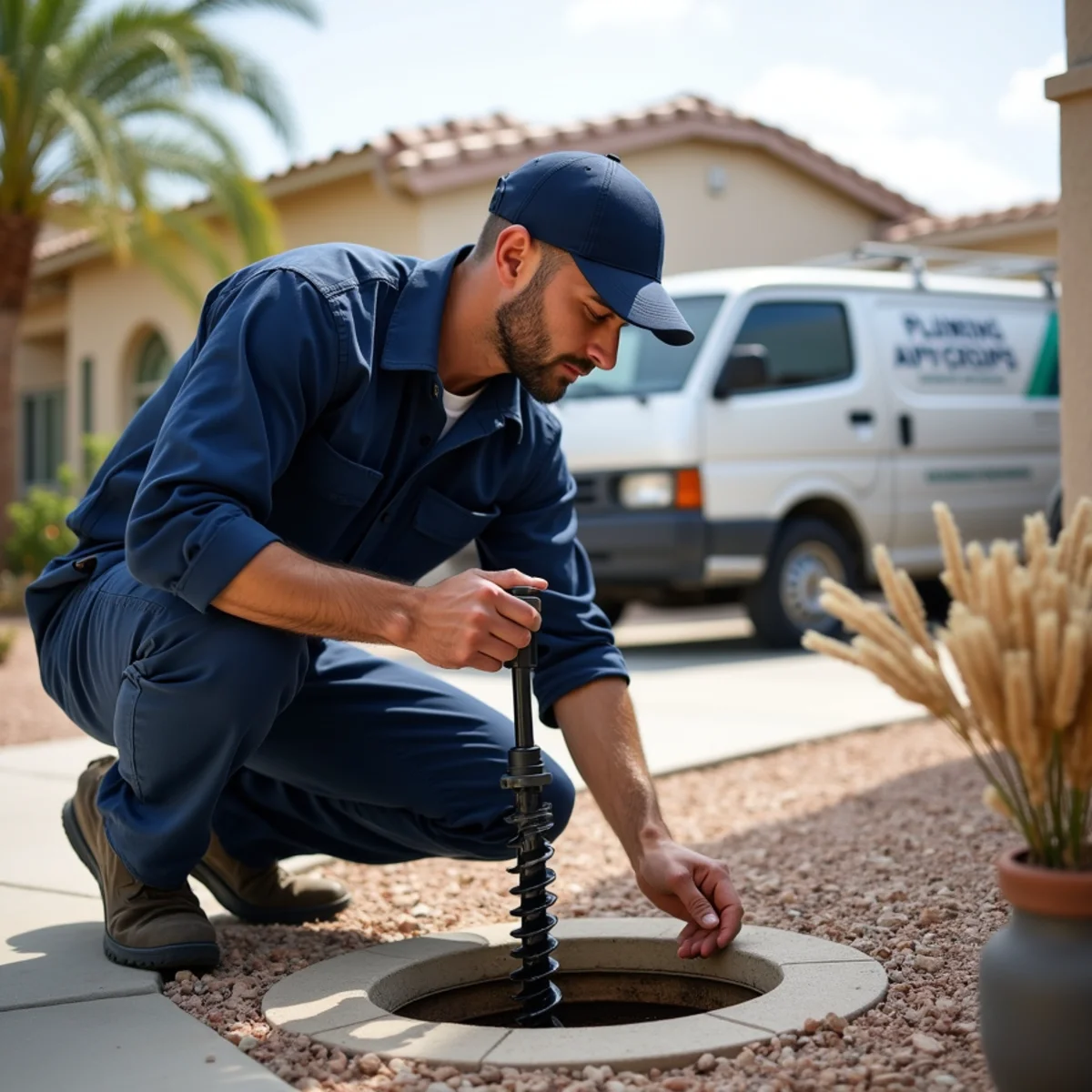 Plumber maintaining a household drain during a plumbing service visit