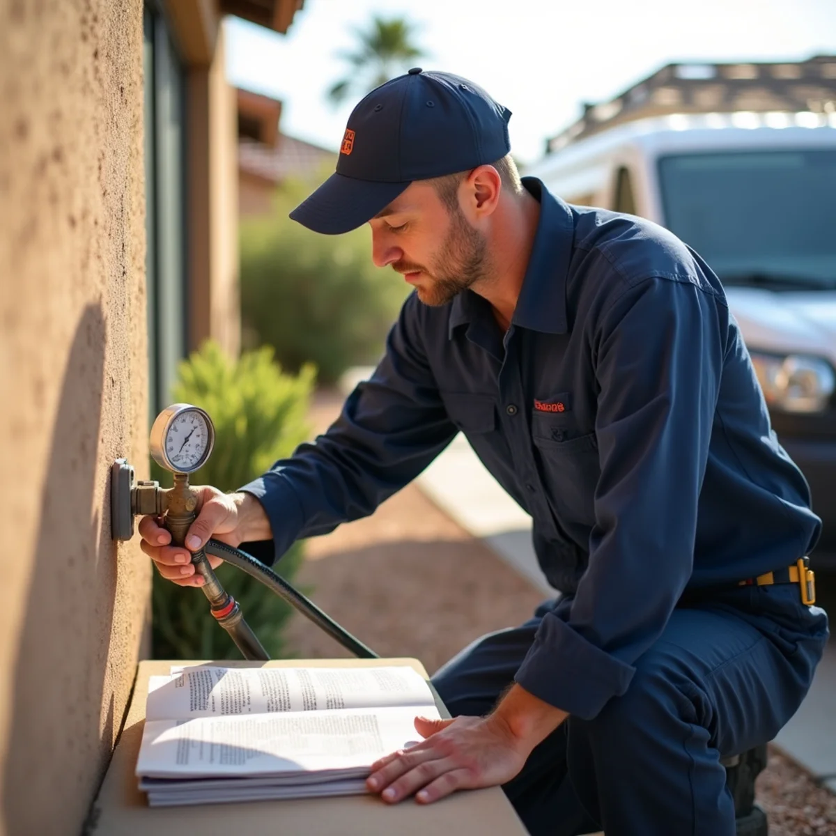 Plumber testing home water pressure with a gauge on a hose bib