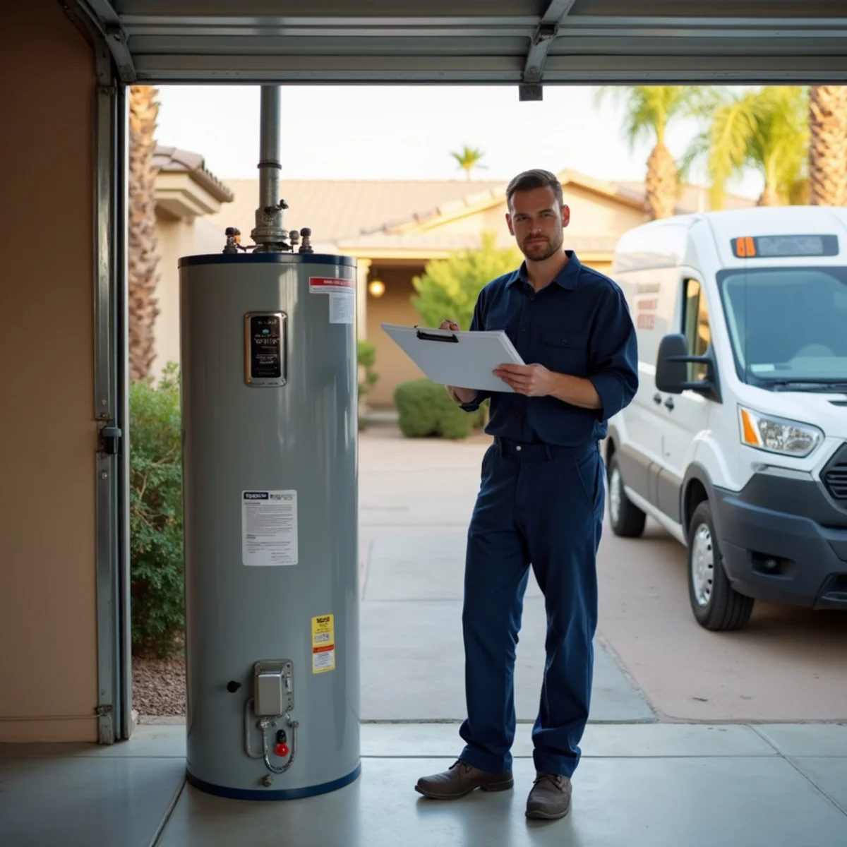 New tank water heater installed in a Buckeye, AZ garage