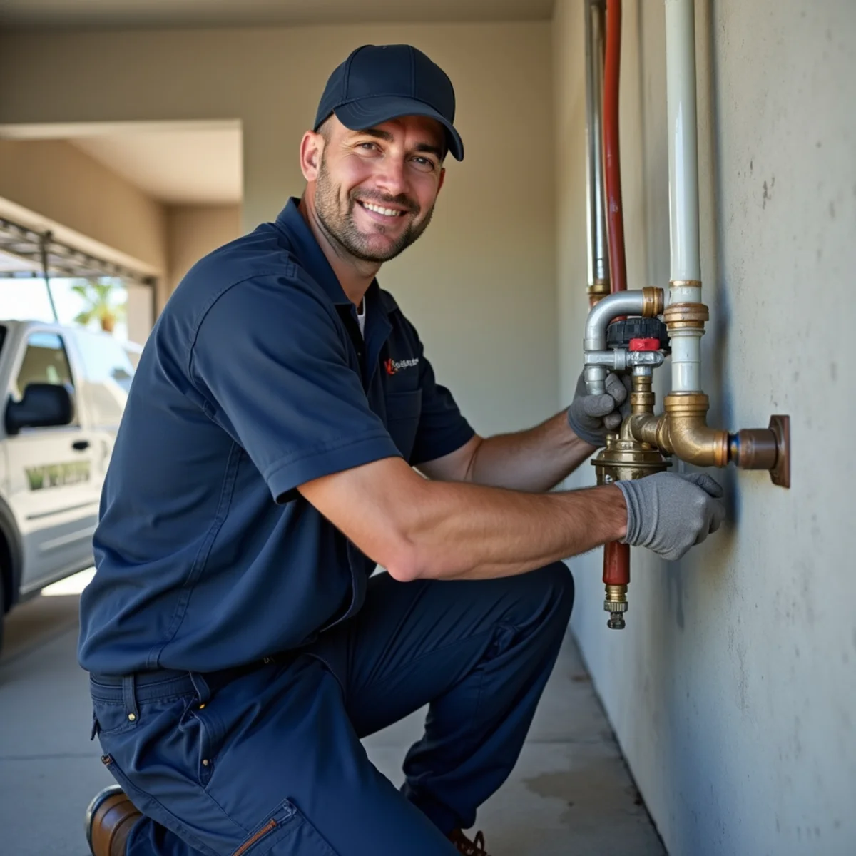 Madrid Plumbing technician servicing commercial plumbing at a Buckeye, AZ business