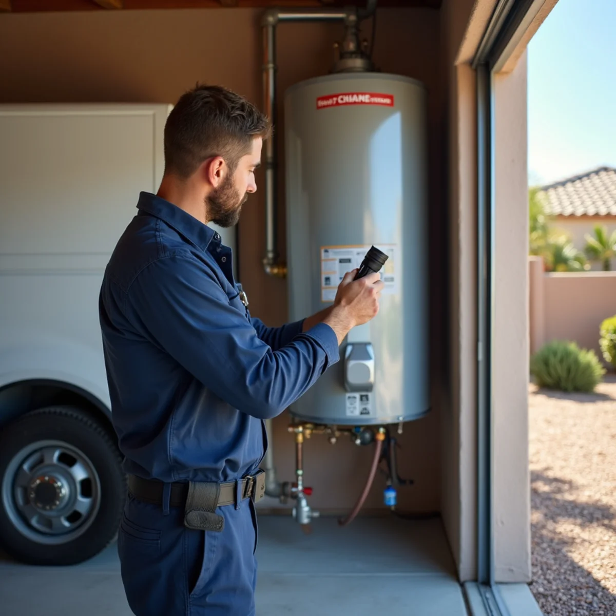 Madrid Plumbing technician servicing a residential water heater in a Buckeye, AZ garage