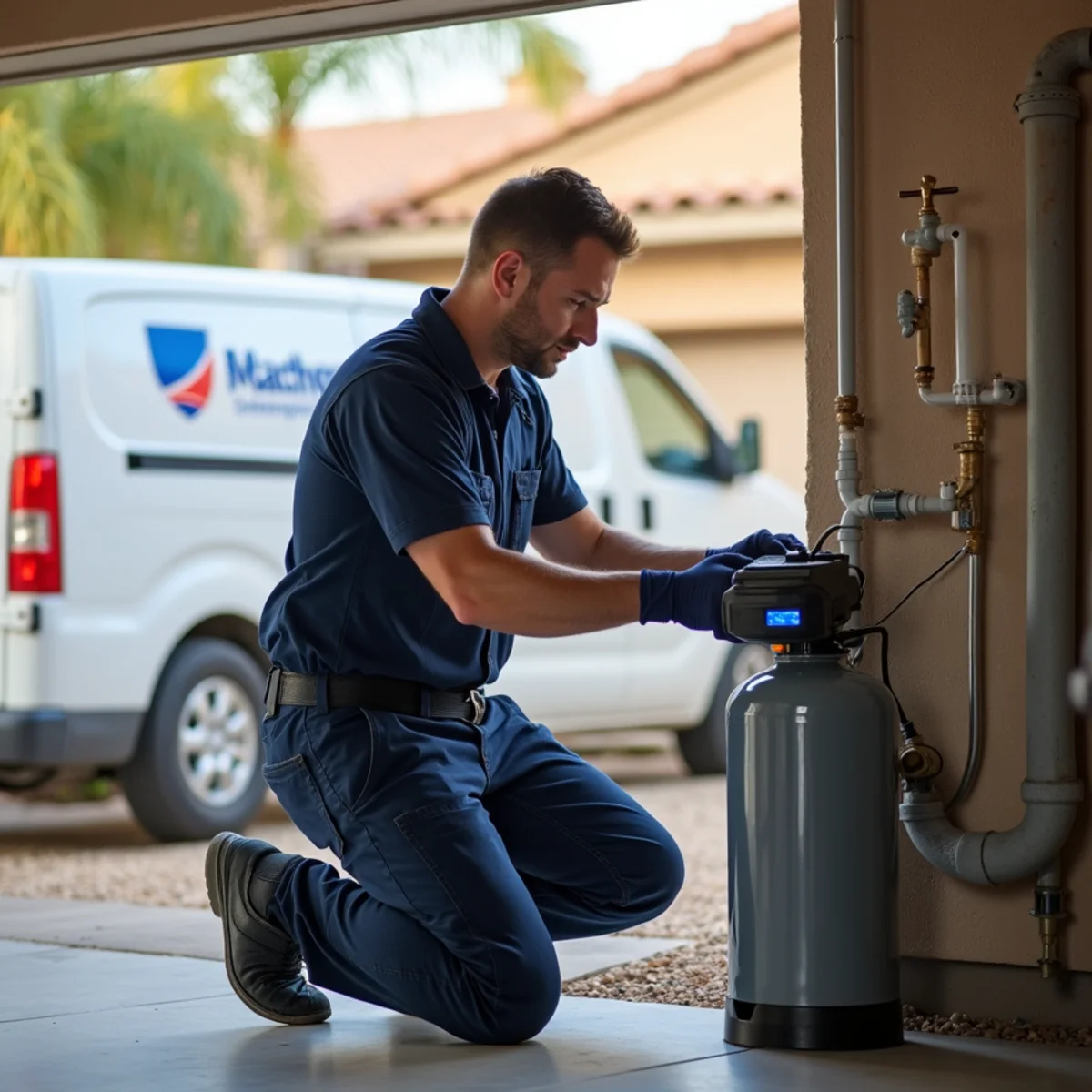 Madrid Plumbing technician installing a whole-home water softener in a Buckeye, AZ garage